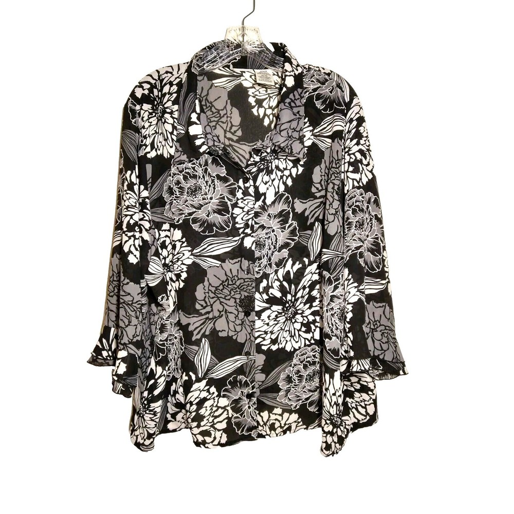 White Stag Black And White Floral Ruffled Sleeves Blouse 22W